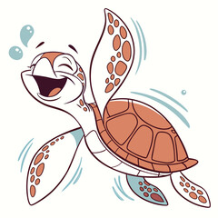 Joyful Cartoon Sea Turtle Character Swimming with Bubbles on White Background