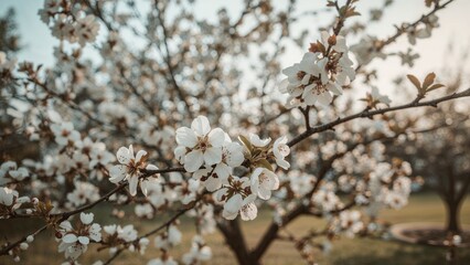 Obraz premium Cherry blossoms in full bloom with delicate white flowers and brown branches, set against a blurred background of trees and outdoor scenery.