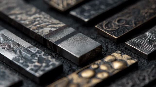 Detailed medium angle view of matte electroplated jewelry parts displaying subtle elegant metal finishes with artistic patterns.
