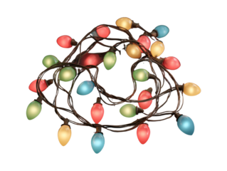 Glowing string of multicolored Christmas lights in a loose loop isolated on transparent background