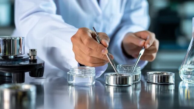 Laboratory technician conducting comparative tests on alloy blends showcasing precision instruments and metal samples side by side.