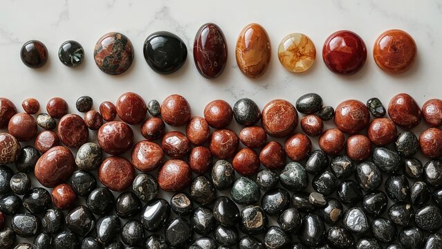 A collection of polished stones of various colors and sizes arranged in rows. - Powered by Adobe