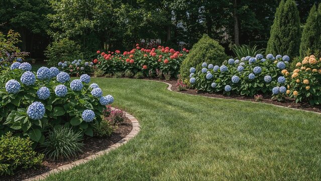 Colorful hydrangea flower garden in a well-maintained green park with lush trees and vibrant flowers.