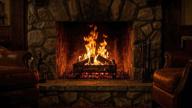 A cozy fireplace with burning logs in a stone hearth, surrounded by wooden walls and leather chairs. Warmth and comfort in a rustic interior setting. - Powered by Adobe