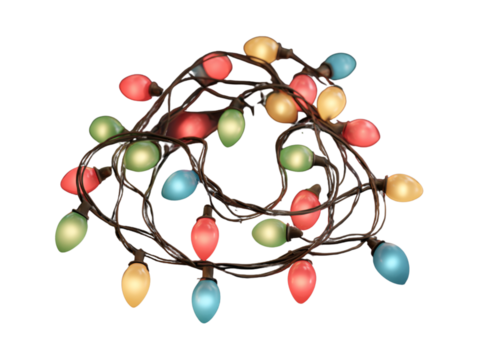  Glowing string of multicolored Christmas lights in a loose loop isolated on transparent background