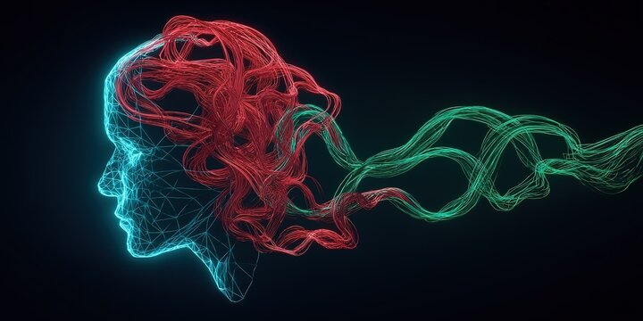 Innovative digital art showcasing a woman's face with colorful, flowing hair in vibrant green and red tones and neon outlines