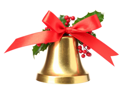Golden Christmas Bell with Red Ribbon and Holly Leaves