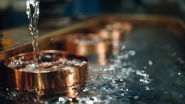 Medium shot capturing the functional electrolytic copper plating process focusing on uniform copper deposition on industrial components.