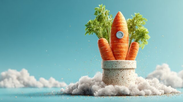 Carrot rocket launching from a pot on a pastel blue sky background with white fluffy clouds. Easter and springtime minimalist concept