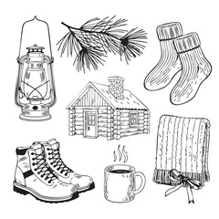 Hand drawn winter cabin scene with cozy items and pine branch log cabin house