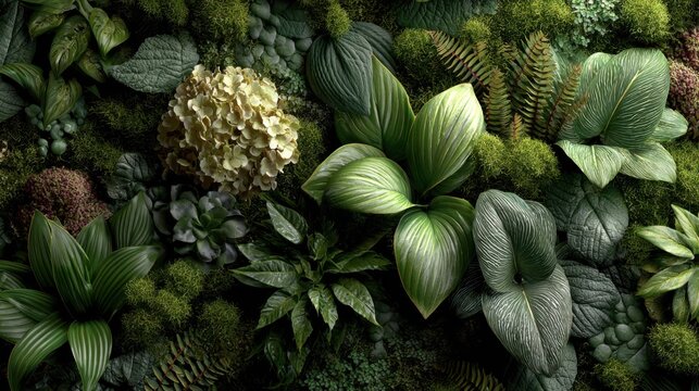 Abundance of lush green foliage and blooming hydrangea create a tranquil, natural backdrop, ideal for a serene or refreshing visual experience