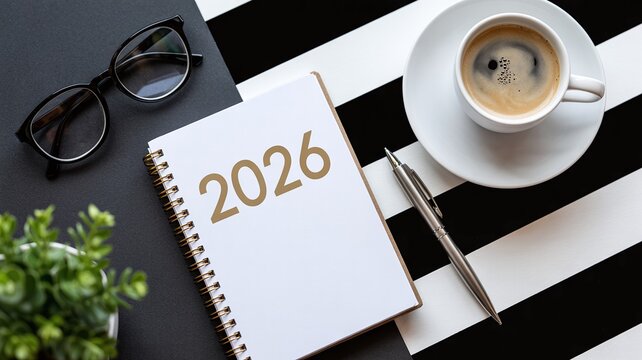 Top view of desk workspace featuring a spiral notebook with "2026" text, coffee, pen, and glasses on a striking black and white striped background.