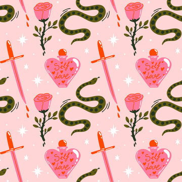 St. Valentine's Day seamless vector pattern design with whimsical fantasy romantic coquette cartoon illustration of witch love potion, rose flower, snake, sword for gift wrapping paper decoration