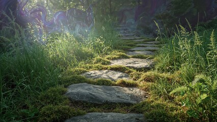 Stone pathway through lush green forest with sunlight filtering through trees. Nature, hiking, and tranquility concept. Forest trail and outdoor exploration.