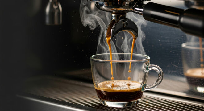Freshly brewed hot espresso coffee pouring from a professional machine portafilter into a clear glass cup with steam rising