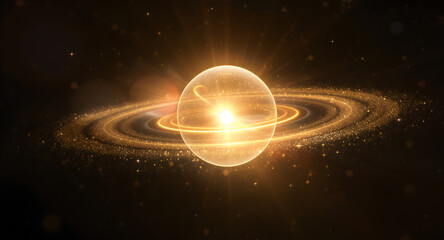 Golden energy core with ringed particles in deep space illustration