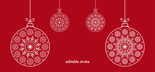 Abstract editable stroke vintage christmas baubles set with snowflake decoration on red backround. Balls with iceflake to use for christmas card, xmas, winter holiday, new year projects. 