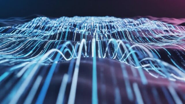 Abstract digital landscape with glowing blue data lines and wavy surface