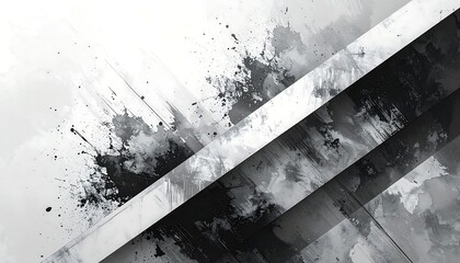 A monochromatic abstract design featuring intersecting diagonal stripes and dynamic paint splatters. The composition balances light and shadow