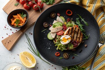 Delicious meal on a black plate, top view