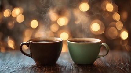 Fototapeta premium Two steaming mugs of hot coffee or cocoa, symbolizing cozy shared moments on a rustic dark wood table against a blurred golden Christmas bokeh background.