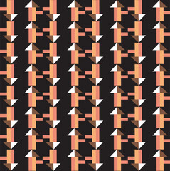 High-Contrast Black Background Pattern with Peach and White Geometric Arrows in Bold Repeating Abstract Design. Digital  printable art for wallpapers, backgrounds, pottery, flooring and textiles print