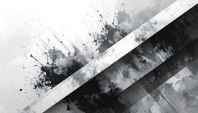A monochromatic abstract design featuring intersecting diagonal stripes and dynamic paint splatters. The composition balances light and shadow