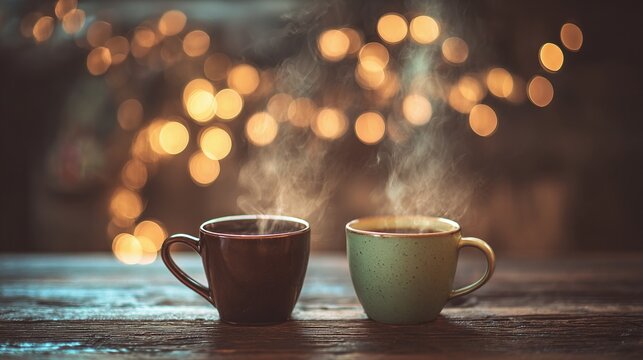 Two steaming mugs of hot coffee or cocoa, symbolizing cozy shared moments on a rustic dark wood table against a blurred golden Christmas bokeh background.