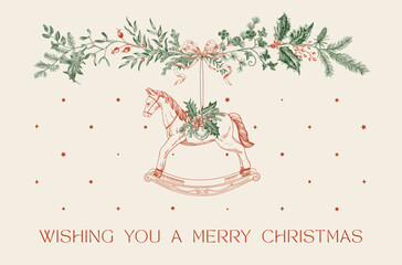 Obraz premium Greeting card. Floral winter garland and toy horse. Vintage christmas botanical illustration. Red and green