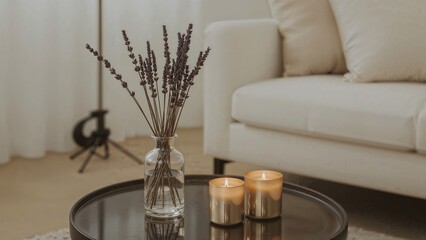 A vase with lavender and two lit candles on a black tray in a cozy living room with a beige sofa.