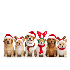 Christmas Dogs with Accessories. generative ai

Short Description: Row of cute dogs wearing Christmas hats and antlers on white background.