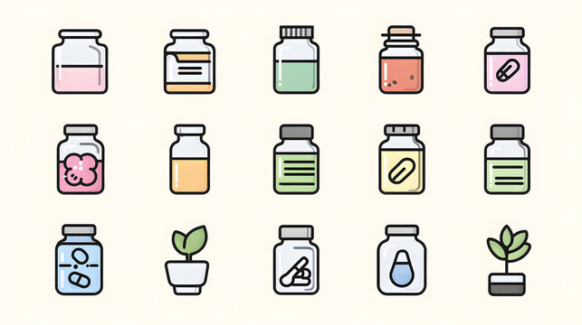 Flat vector icon set of nootropics, supplements, metabolism symbols, clean minimal.