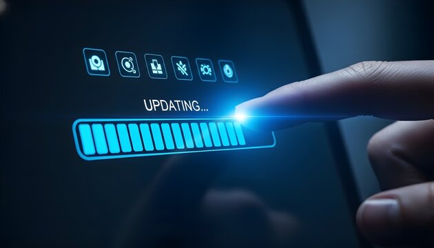 Finger touching a digital screen with a loading bar progress