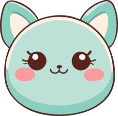 A cute mint-green kawaii cat face with big sparkling eyes, rounded ears, and soft pink blush cheeks.