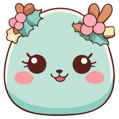 A cute mint-green kawaii character decorated with holly leaves, pink berries, and bows, featuring big sparkling eyes and rosy cheeks.