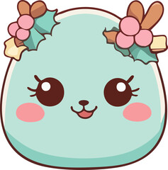 A cute mint-green kawaii character decorated with holly leaves, pink berries, and bows, featuring big sparkling eyes and rosy cheeks.