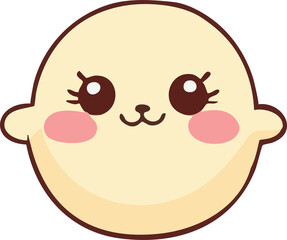 A cute pastel-yellow kawaii character with big sparkling eyes, rosy cheeks, and soft rounded features.