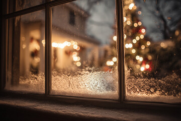 View Through Frosted Window Glass Showing Christmas Decorations and Soft Bokeh Lights Outside. Generative AI