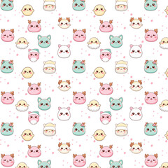 A seamless pastel kawaii pattern featuring adorable holiday characters with cute round faces, soft colors, rosy cheeks, and festive details scattered across a white background with pink dots.