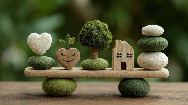 Achieving holistic wellbeing, balance of life essentials with heart, mind, home, and financial stability icons symbolizing growth and integration