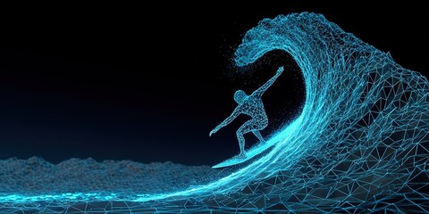 Digital surfer riding a geometric wave in a futuristic ocean scene at night