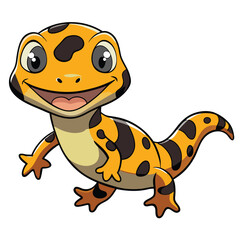 Playful Cartoon Gecko with Orange Skin and Black Spots on White