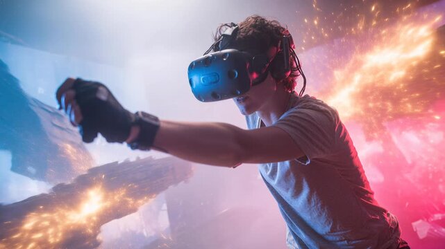 immersive virtual reality gaming headset player reaching through neon cyberpunk nebula, firing with motion controller amid spaceship silhouettes and explosive
