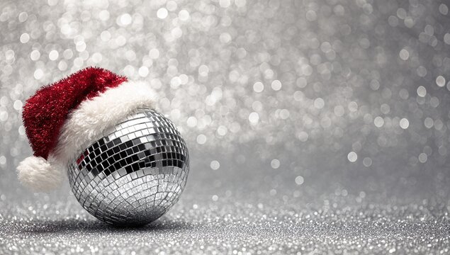 Festive disco ball wearing a Santa Claus hat on sparkling silver glitter background, symbolizing holiday party celebration.