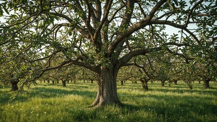 A mature tree in an orchard with multiple rows of similar trees, bright sunlight, and lush green grass.
