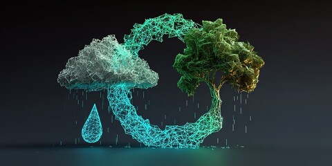 Concept of sustainable water cycle with digital tree and cloud elements representing nature and technology integration