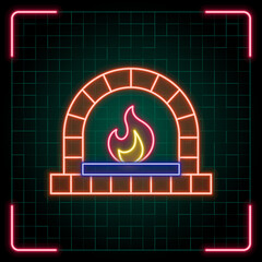 Fireplace icon illustration, Christmas vector symbol collection, cyber neon visual, glowing borders frames.