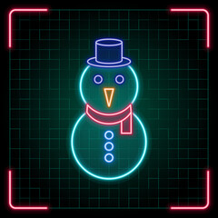 Snowman icon illustration, Christmas vector symbol collection, cyber neon visual, glowing borders frames.