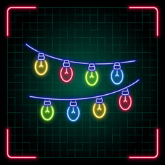 Fairy lights icon illustration, Christmas vector symbol collection, cyber neon visual, glowing borders frames.