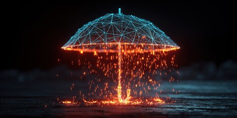Umbrella made of glowing lines and lava-like liquid in a dark environment showcases creative digital art